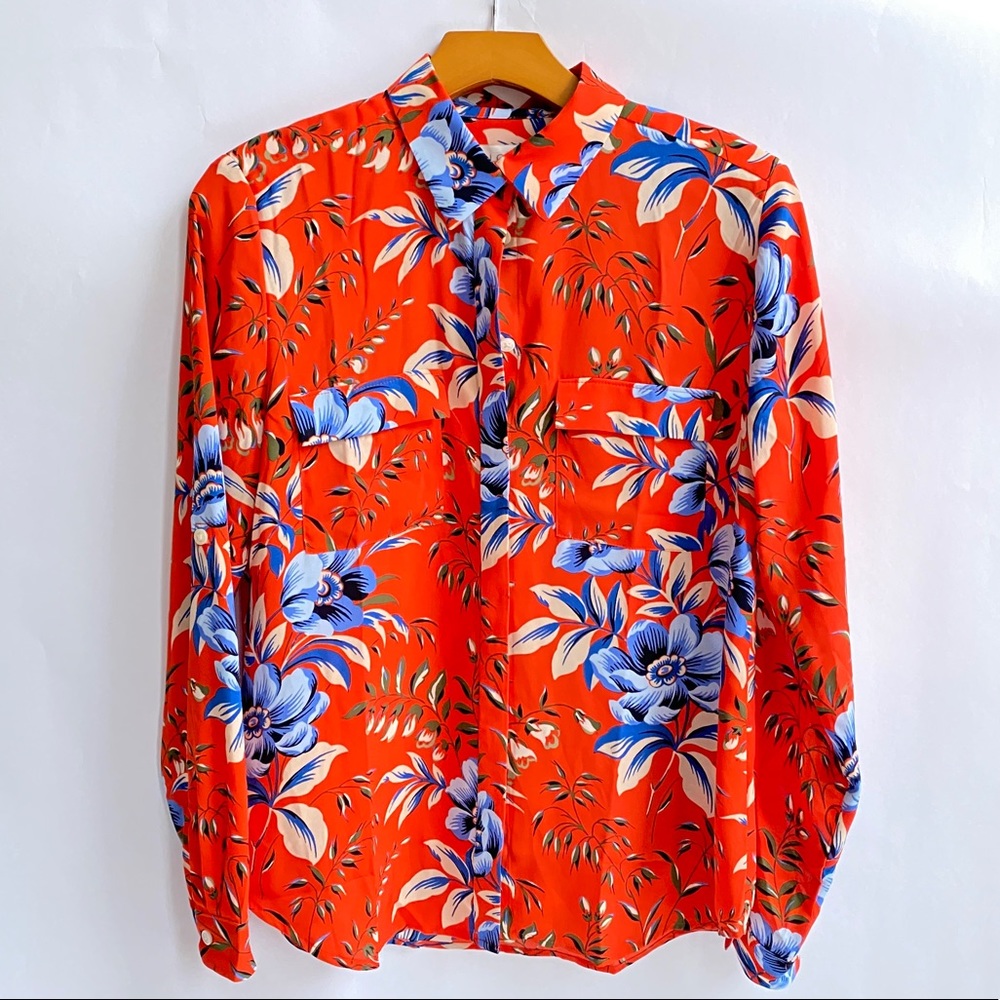 LOFT Red Blue Floral Button Down Shirt Sz S NEW